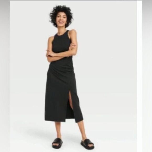 Black sleeveless ruched ponte midi dress size medium - Picture 2 of 9